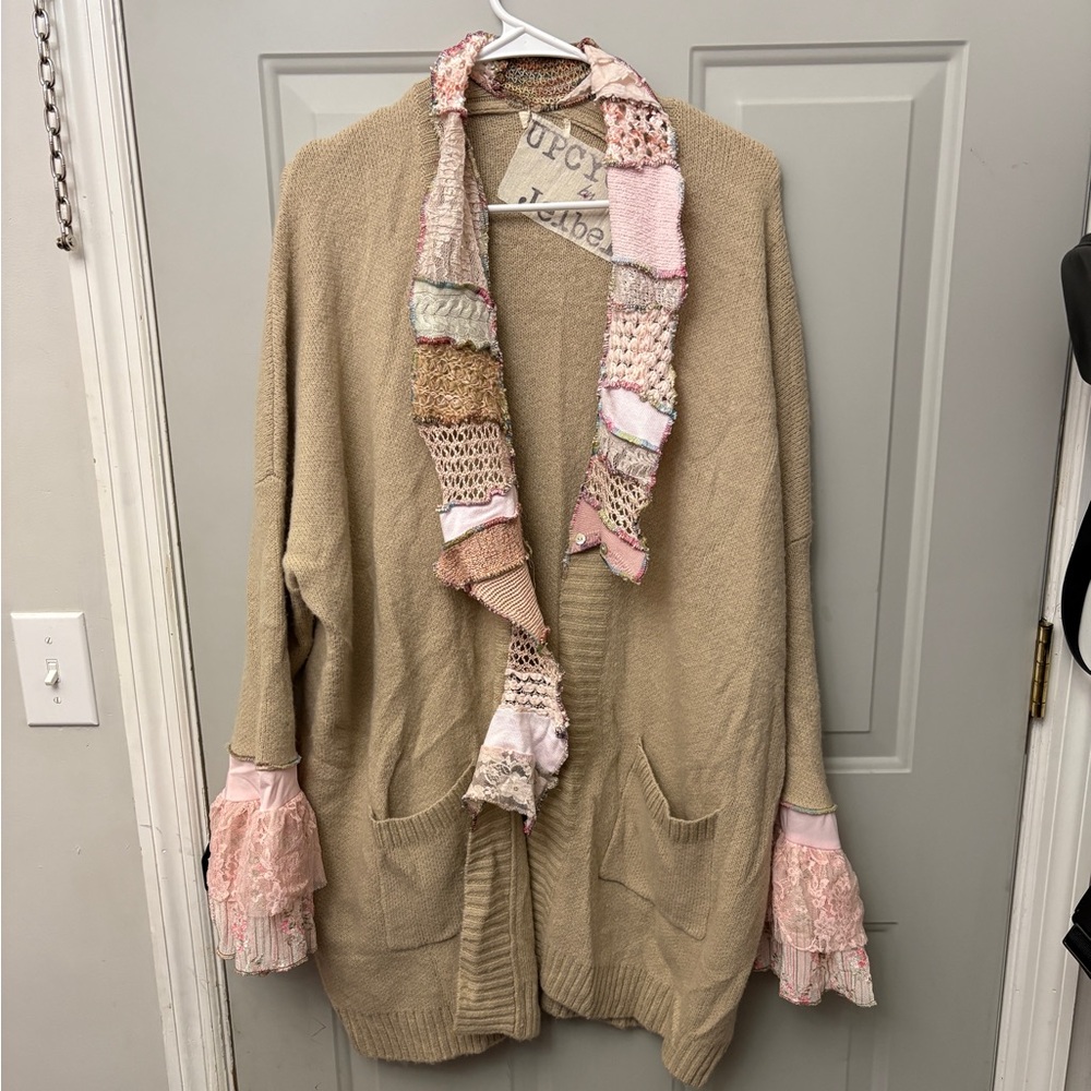 Elegant Beige and Pink Patchwork Cardigan